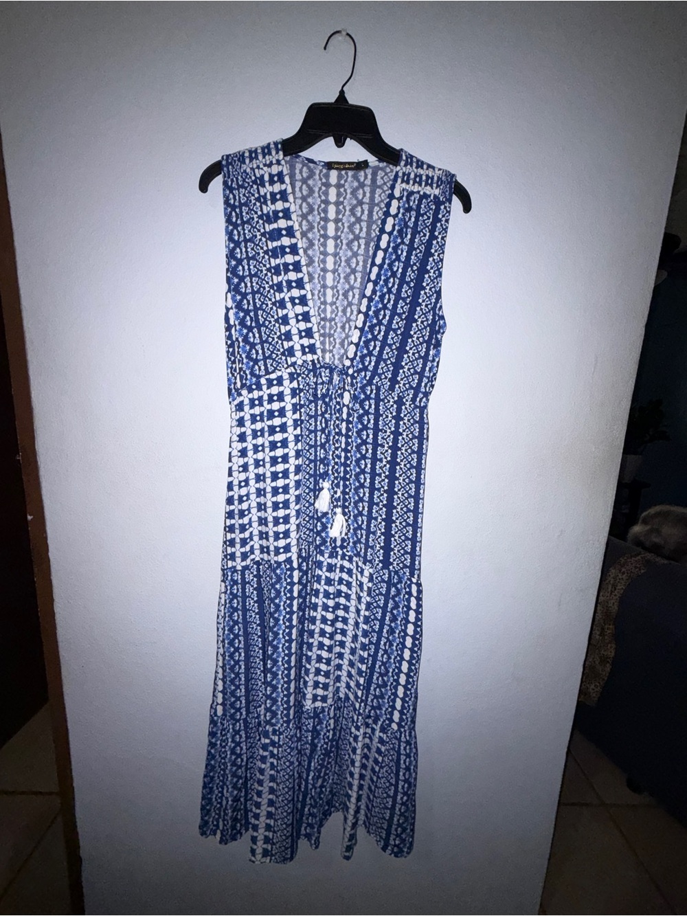 Boho Blue Printed Sleeveless Midi Dress with Tie Detail